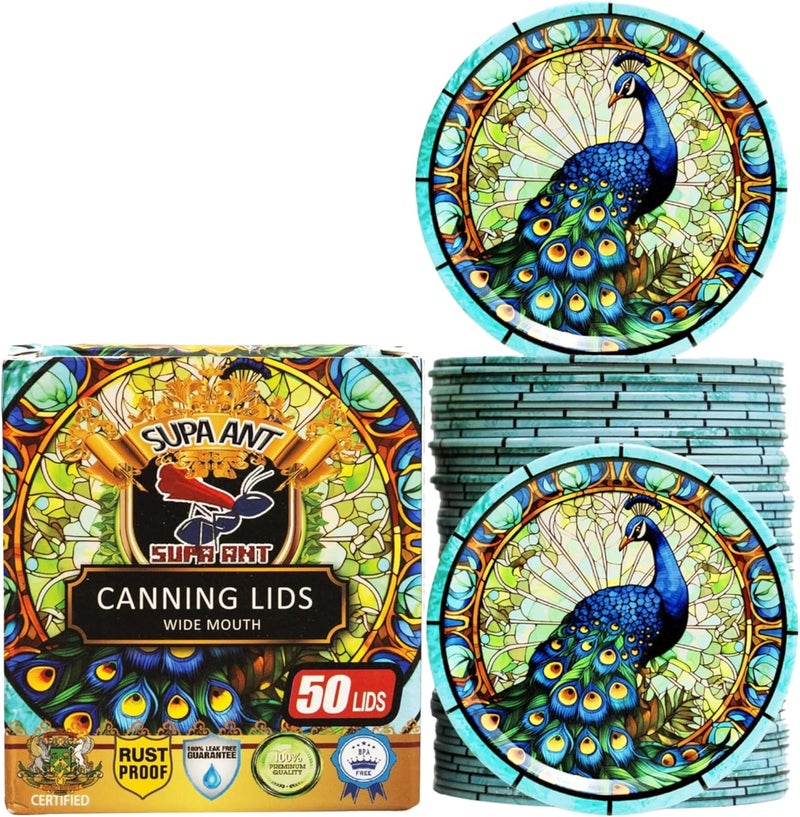 Supa Ant Thickest Canning Lids Wide Mouth (50 Pcs.) Food Grade Tin Can Lids for Canned Food - Buckle Proof & Rust Proof Lid for Canning Kit for Wide Mouth Mason Jars (Painted Glass) Canning Supplies - Image 1